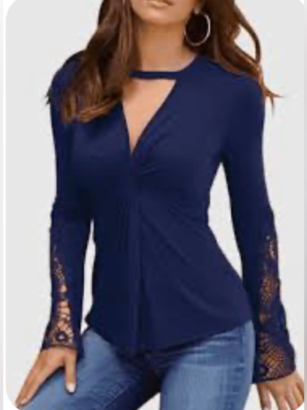 NWT YOINS Navy Lace Sleeve Keyhole Long-Sleeve Top